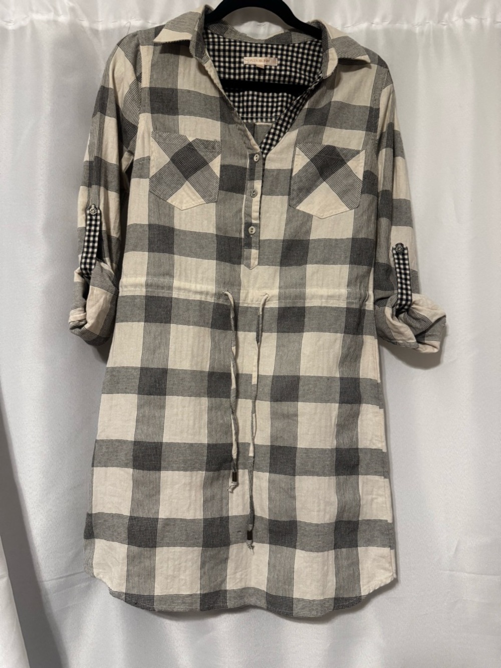 Skies Are Blue Black and Cream Plaid Shirt Dress